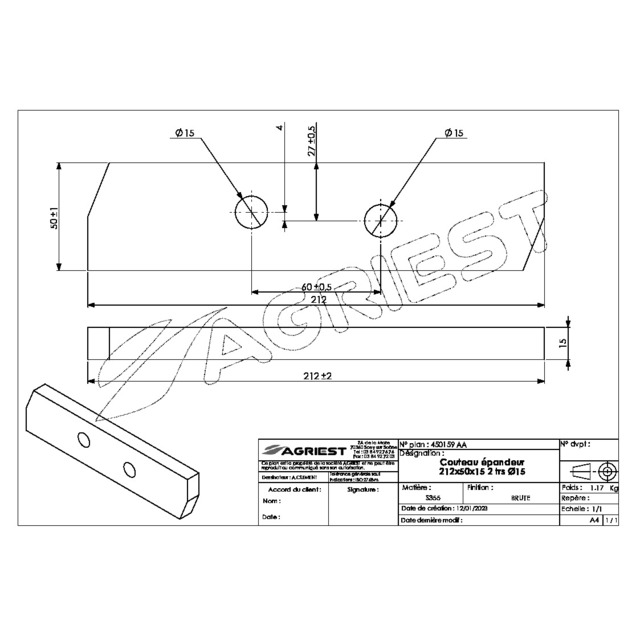 Couteau Epandeur 212X50X15 2 TRS Ø15 EA 60 Adaptable Gilibert OEM 2150268 référence fournisseur 450159